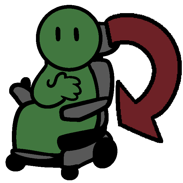 A green figure in a power chair with a hand on their chest and a red arrow coming from and pointing to them.
